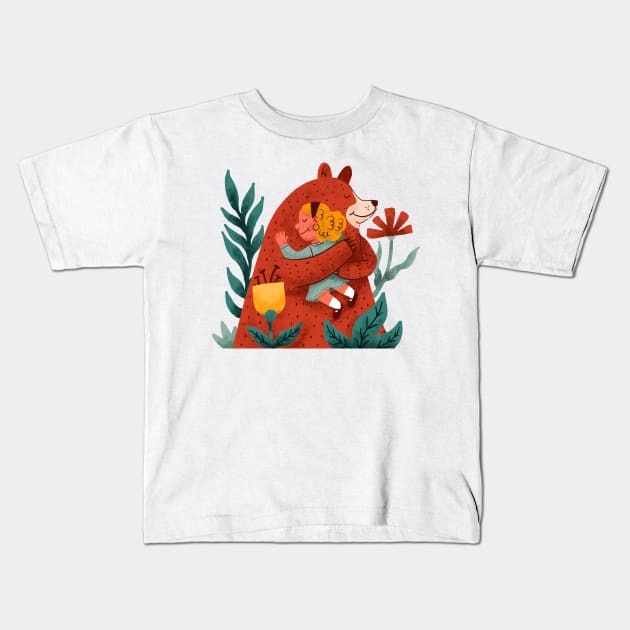 Girl Hugging Bear Hand drawn Kids T-Shirt by Mako Design 